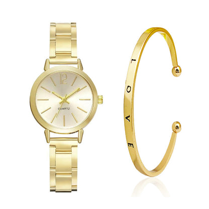 Gold steel band quartz bracelet watch