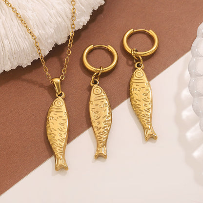 Golden Fish Pendant Titanium Steel Necklace and Earrings