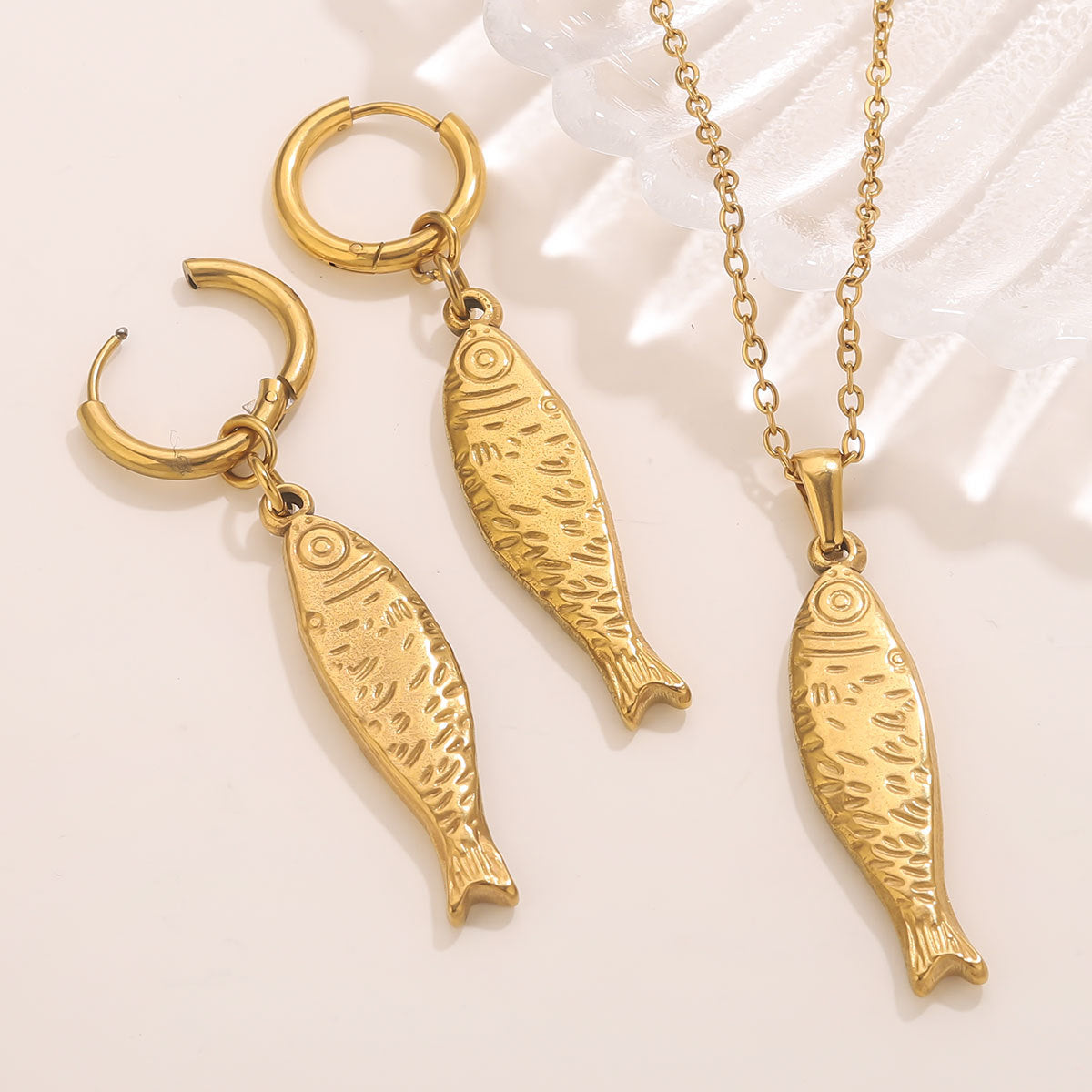 Golden Fish Pendant Titanium Steel Necklace and Earrings