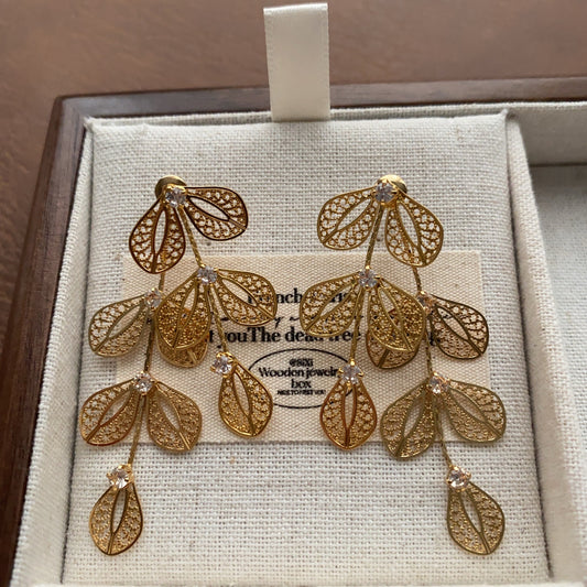 Golden Ginkgo Leaf Tassel Earrings