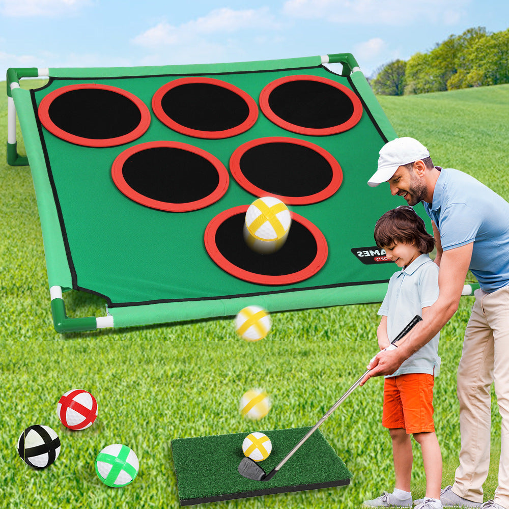 Golf game pad with target and stand