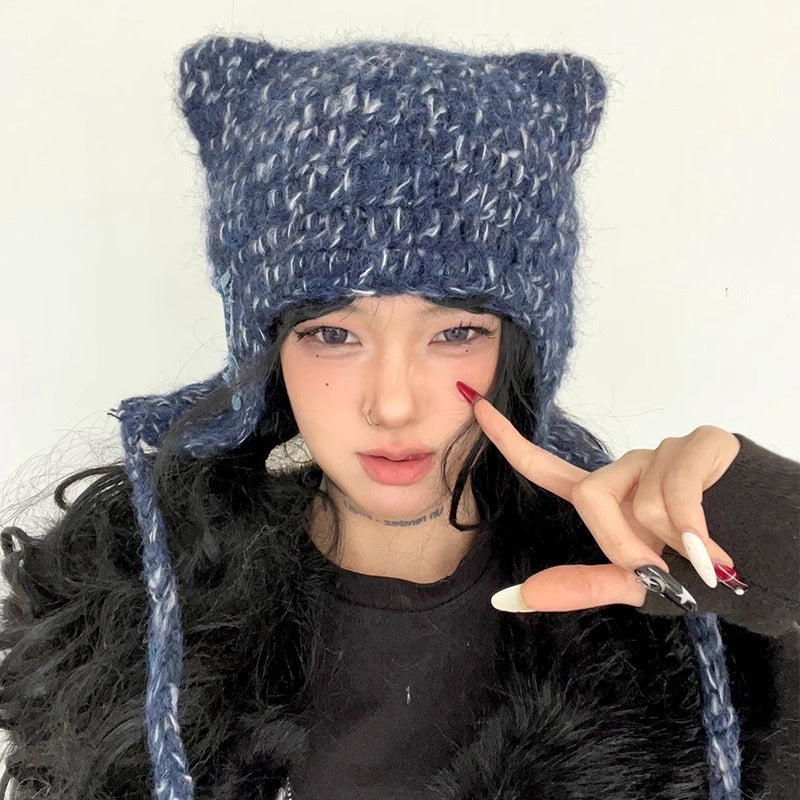 Gothic Cross Knitted Hat with Cat Ears