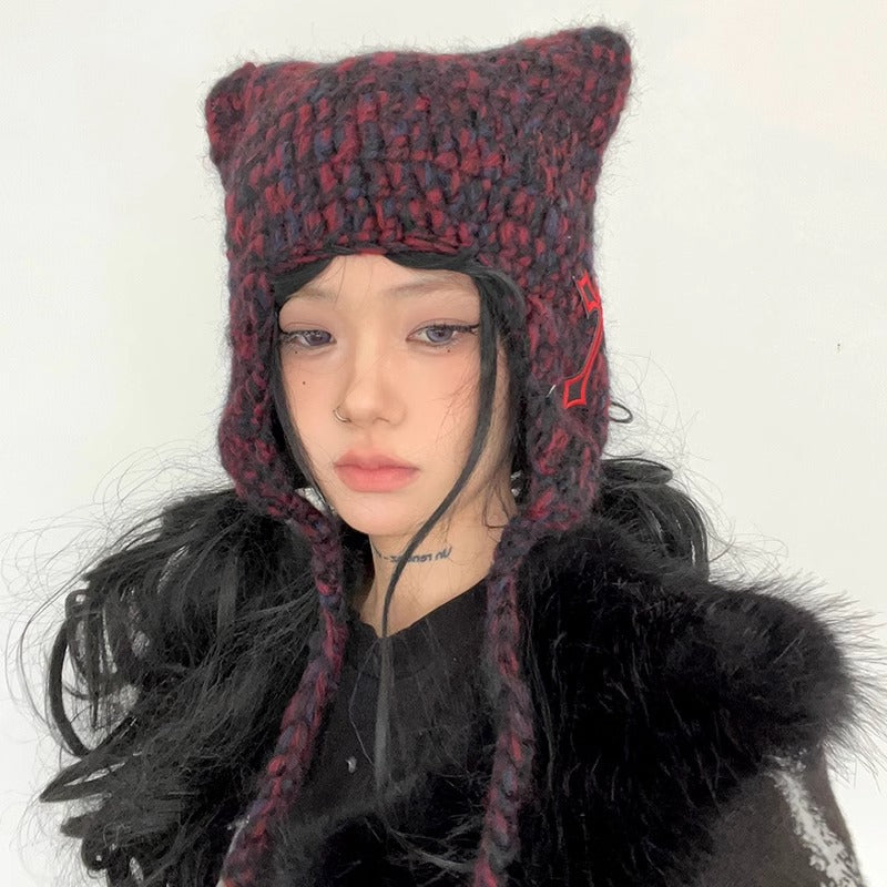Gothic Cross Knitted Hat with Cat Ears