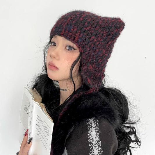 Gothic Cross Knitted Hat with Cat Ears