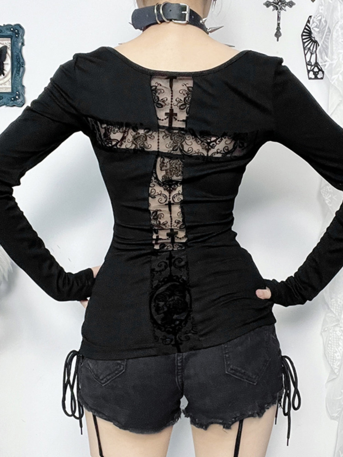Gothic Cross Long-Sleeve Off-Shoulder Top