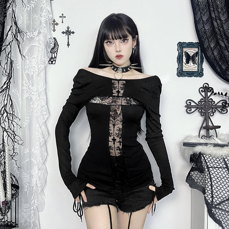 Gothic Cross Long-Sleeve Off-Shoulder Top