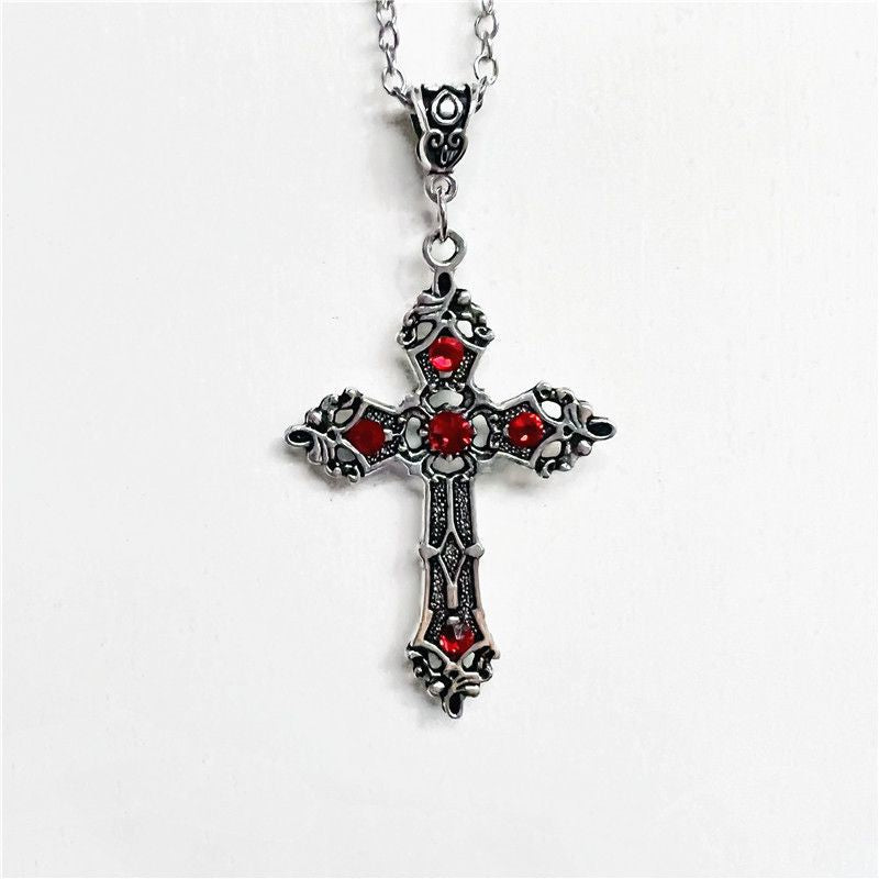 Gothic Cross Pendant Necklace with Gemstone