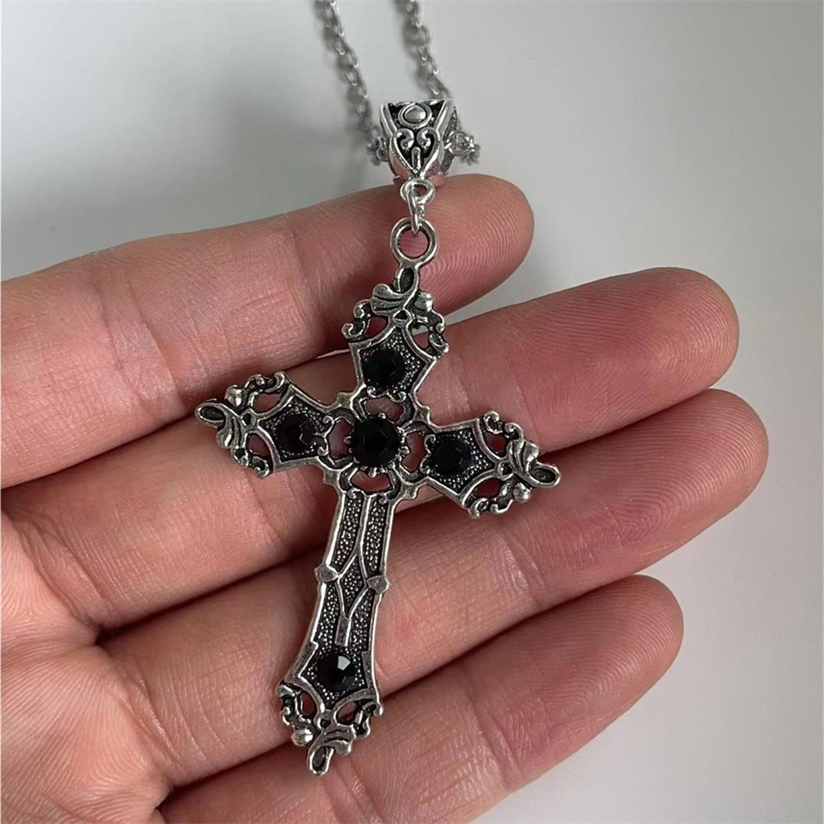 Gothic Cross Pendant Necklace with Gemstone
