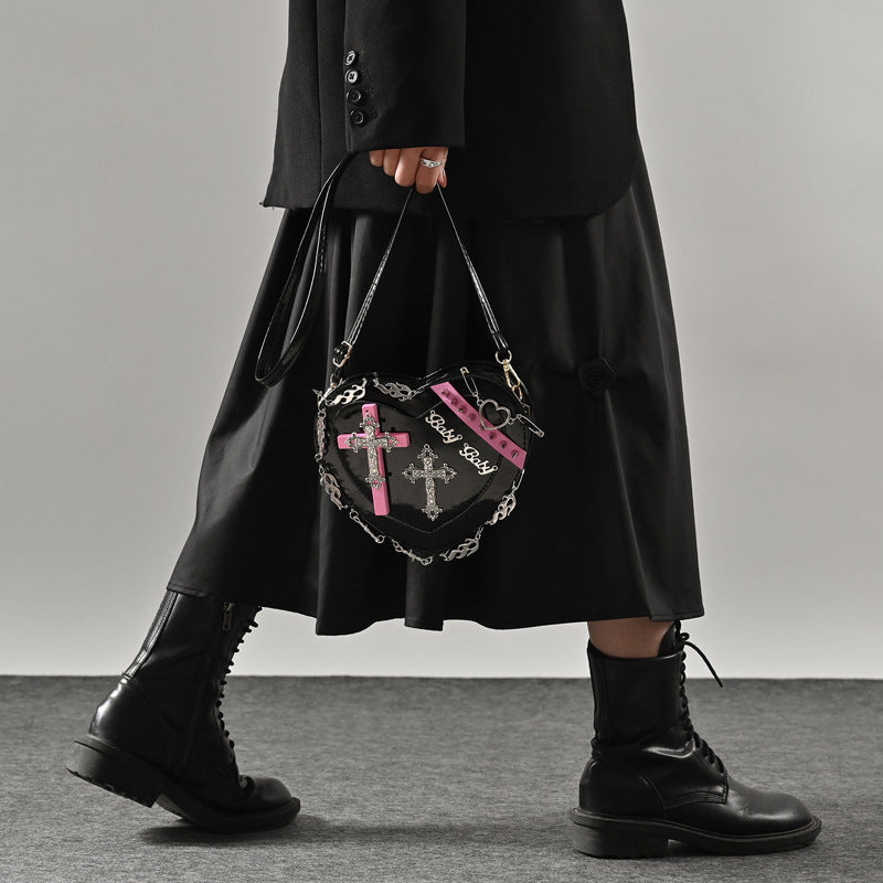 Gothic Heart-Shaped Shoulder Bag with Rivets
