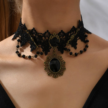 Gothic Lace Choker Necklace with Tassel Pendant