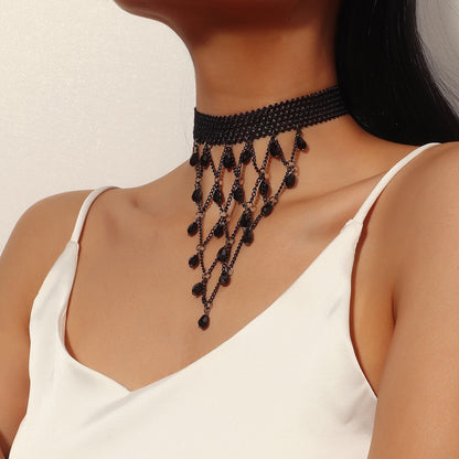 Gothic Lace Choker Necklace with Tassel Pendant