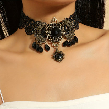 Gothic Lace Choker Necklace with Tassel Pendant