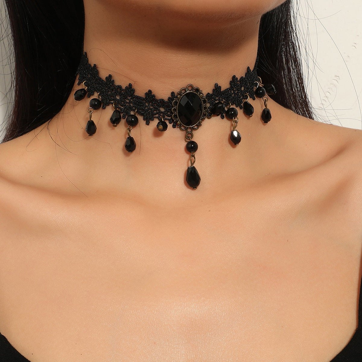 Gothic Lace Choker Necklace with Tassel Pendant