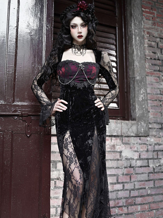 Gothic Lace Long Sleeve Midi Dress