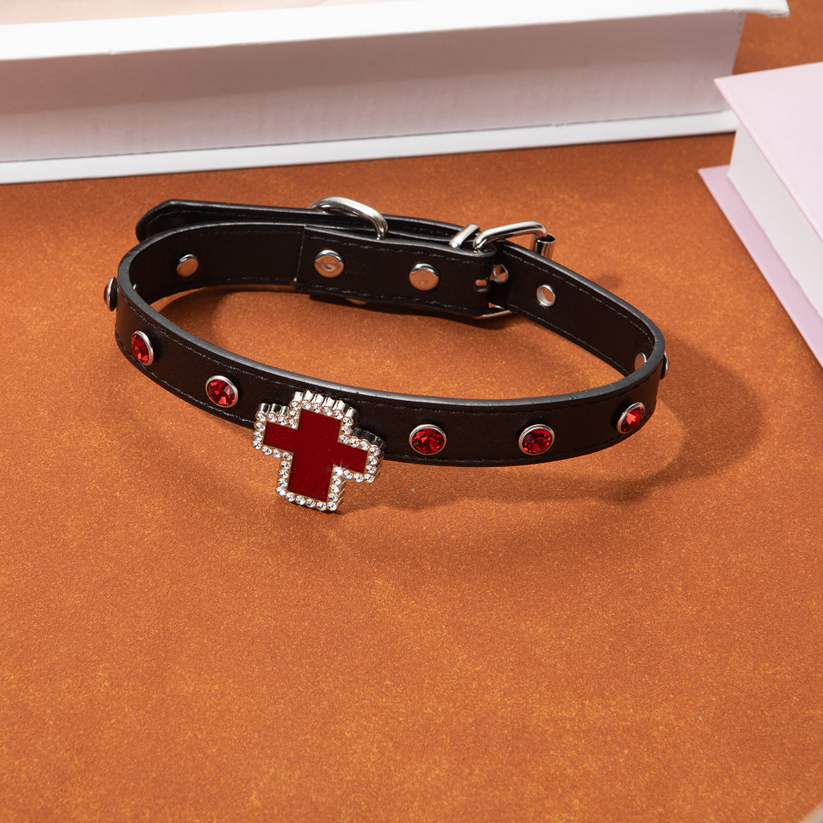 Gothic Leather Choker Necklace with Cross Pendant