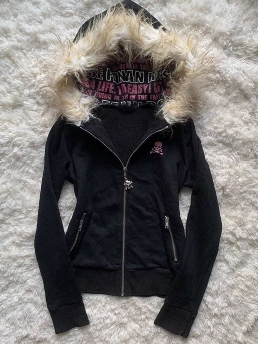 Gothic Letter Print Hooded Fleece Cardigan