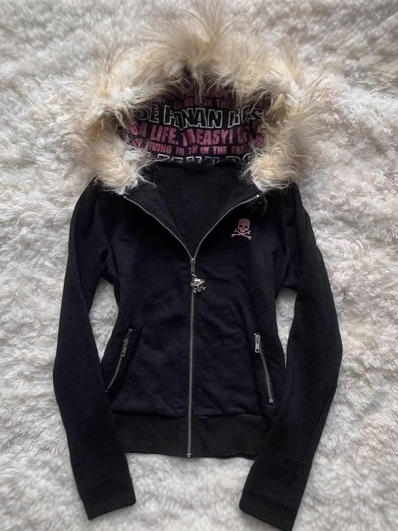 Gothic Letter Print Hooded Fleece Cardigan