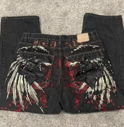 Gothic Print Wide Leg Jeans
