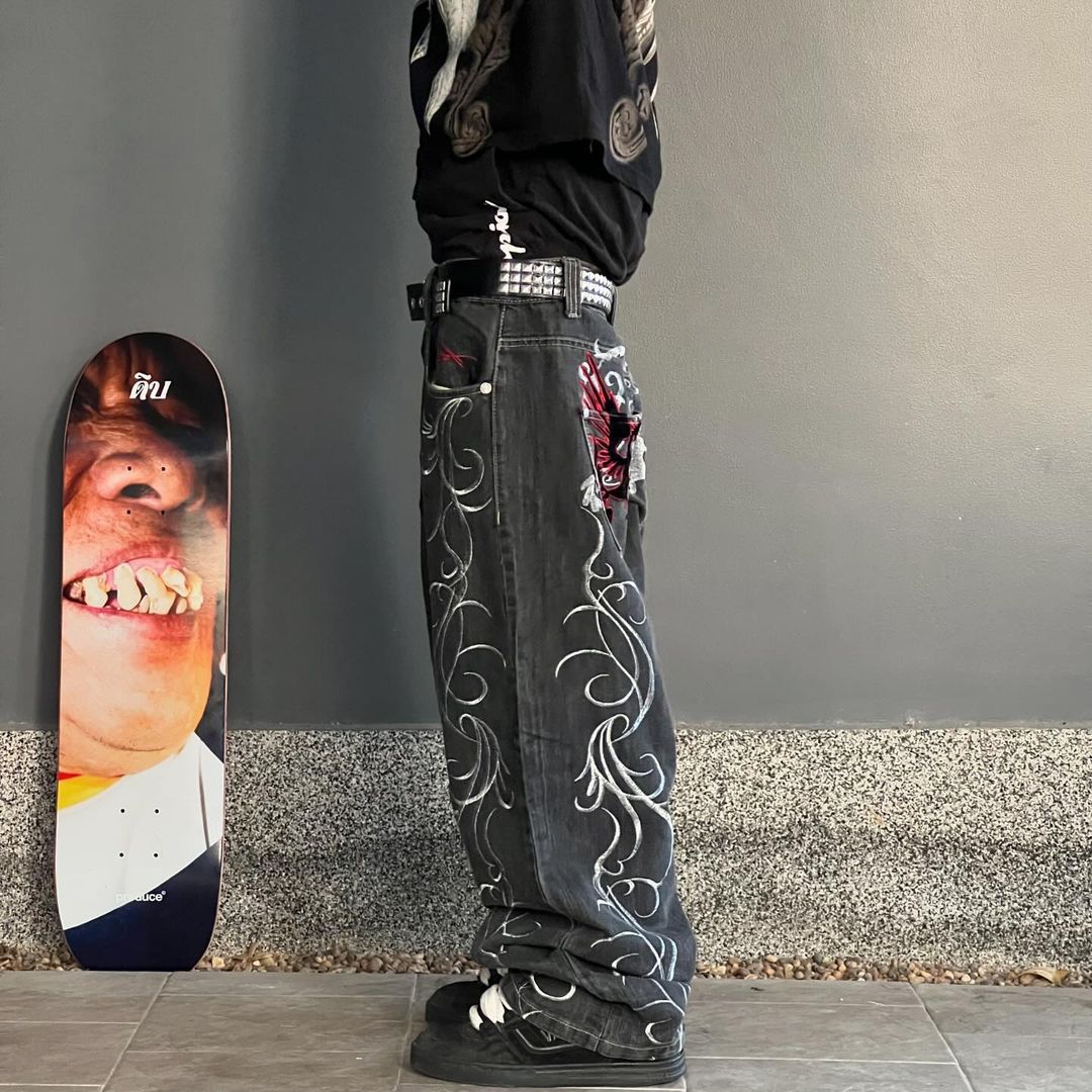 Gothic Print Wide Leg Jeans