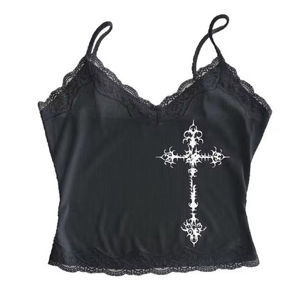 Gothic Punk Print Lace Vest Top