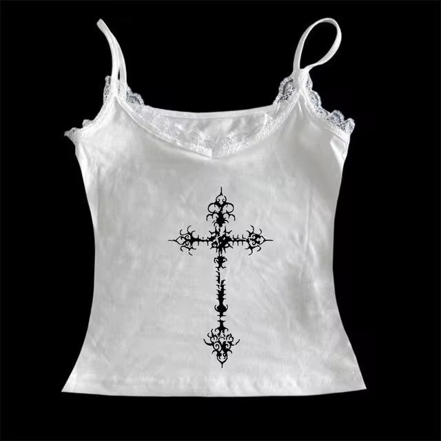 Gothic Punk Print Lace Vest Top