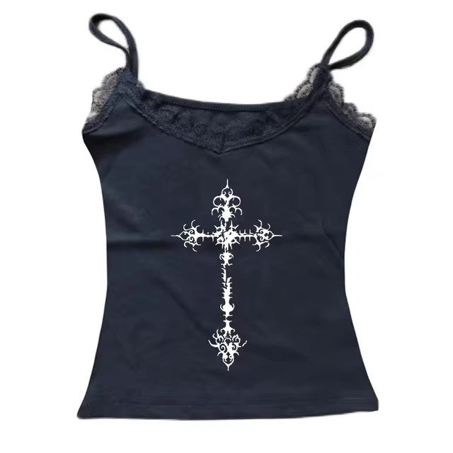 Gothic Punk Print Lace Vest Top