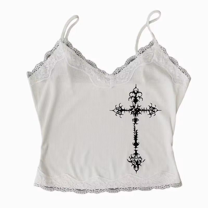 Gothic Punk Print Lace Vest Top