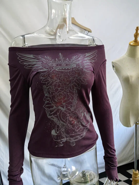 Gothic Rhinestone Printed Long Sleeve T-Shirt