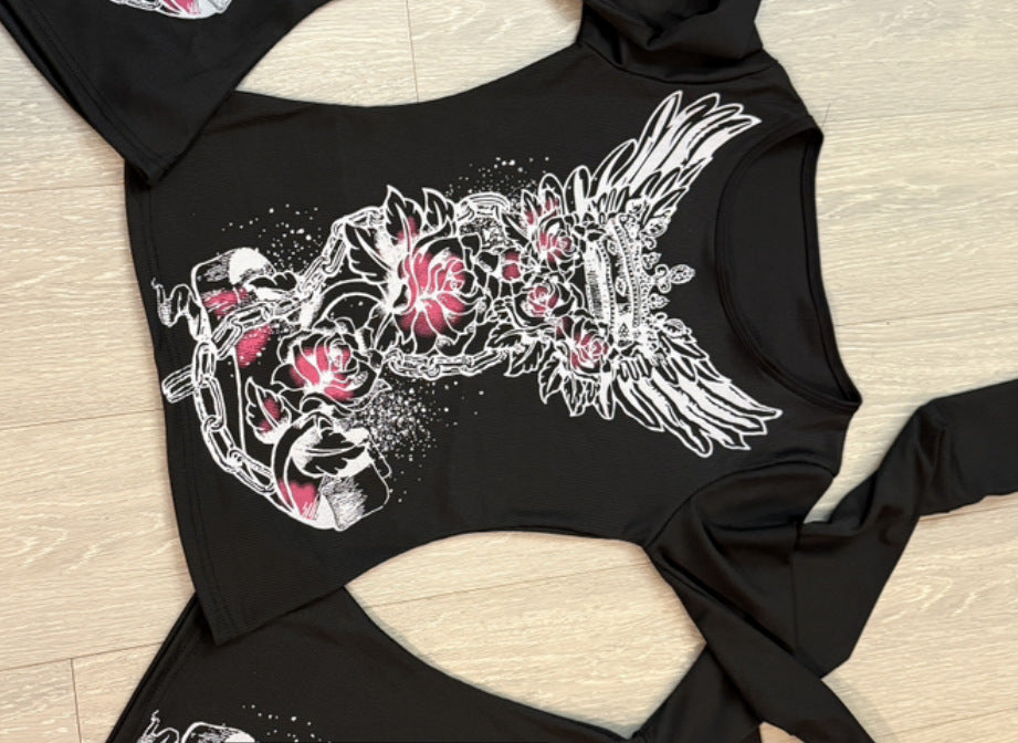 Gothic Rhinestone Printed Long Sleeve T-Shirt