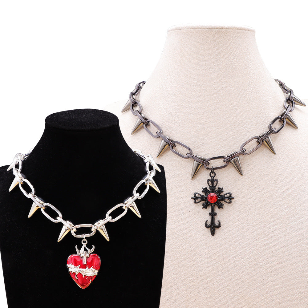 Gothic Rivet Cross Heart Pendant Necklace