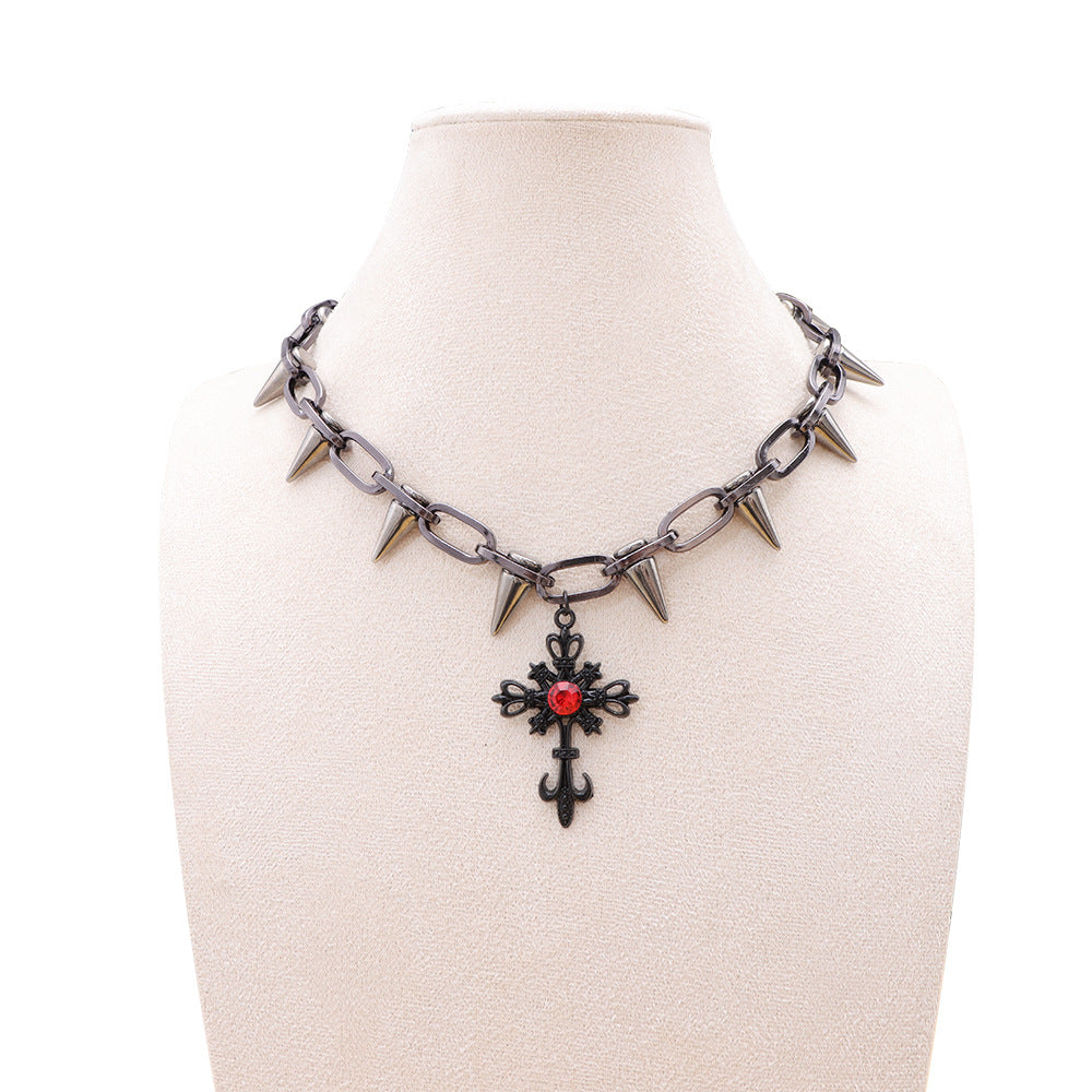 Gothic Rivet Cross Heart Pendant Necklace