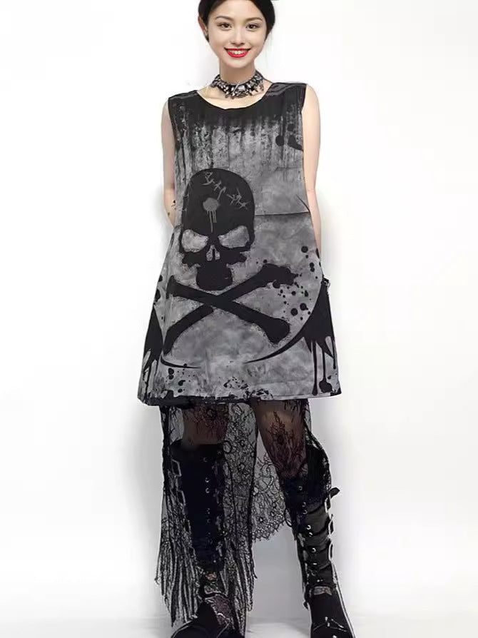 Gothic Sleeveless Skull Print Vest Dress