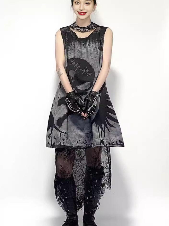 Gothic Sleeveless Skull Print Vest Dress