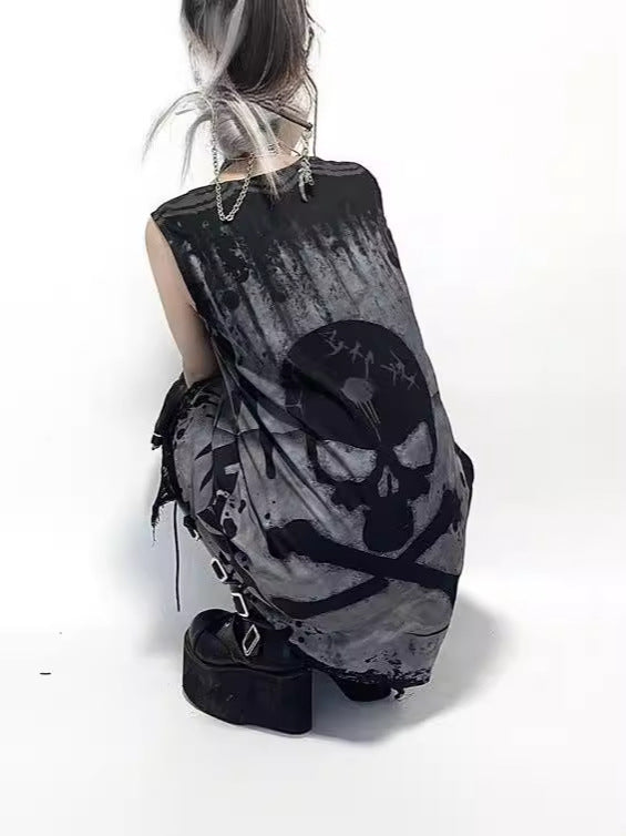 Gothic Sleeveless Skull Print Vest Dress