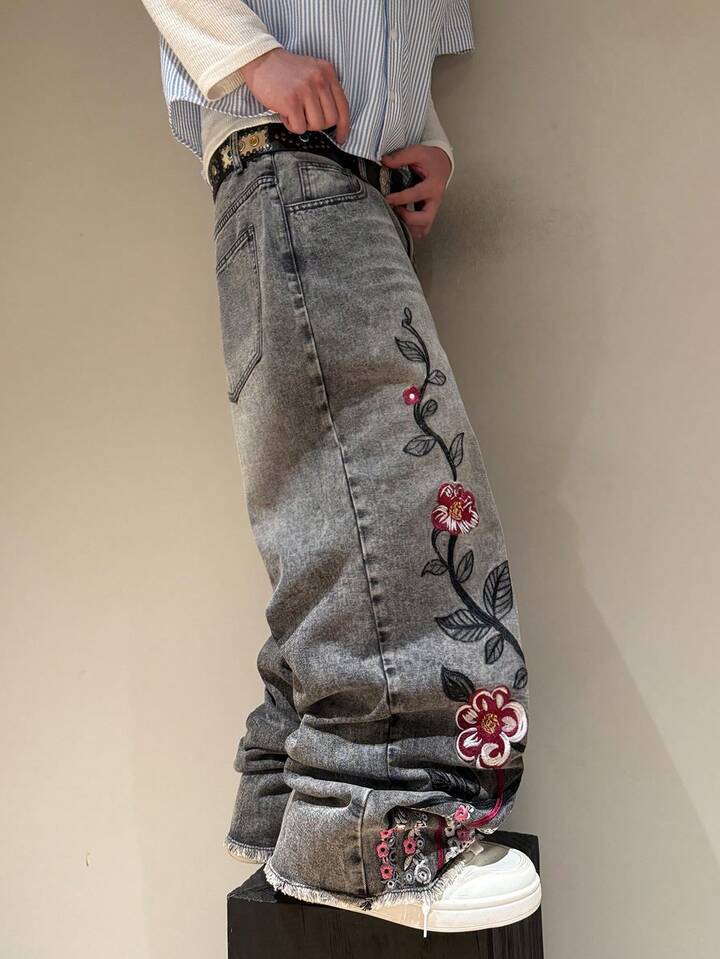 Gothic Style Cherry Blossom Embroidered Unisex Straight Leg Jeans