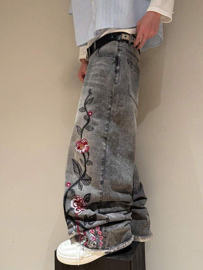 Gothic Style Cherry Blossom Embroidered Unisex Straight Leg Jeans