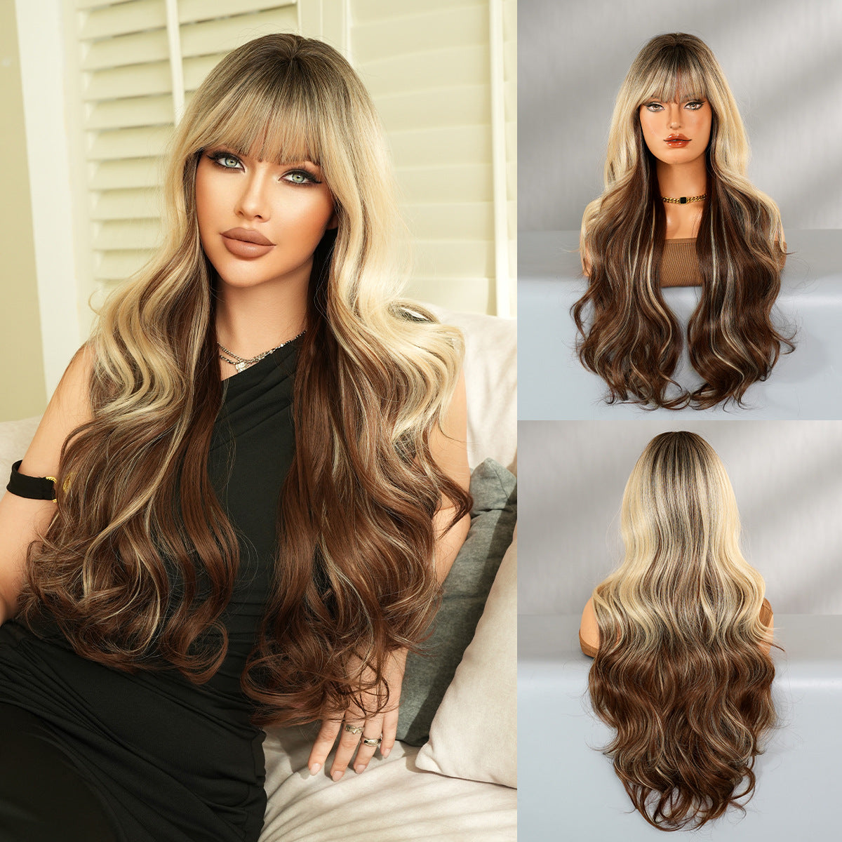 Gradient Color Wavy Synthetic Wig with Bangs