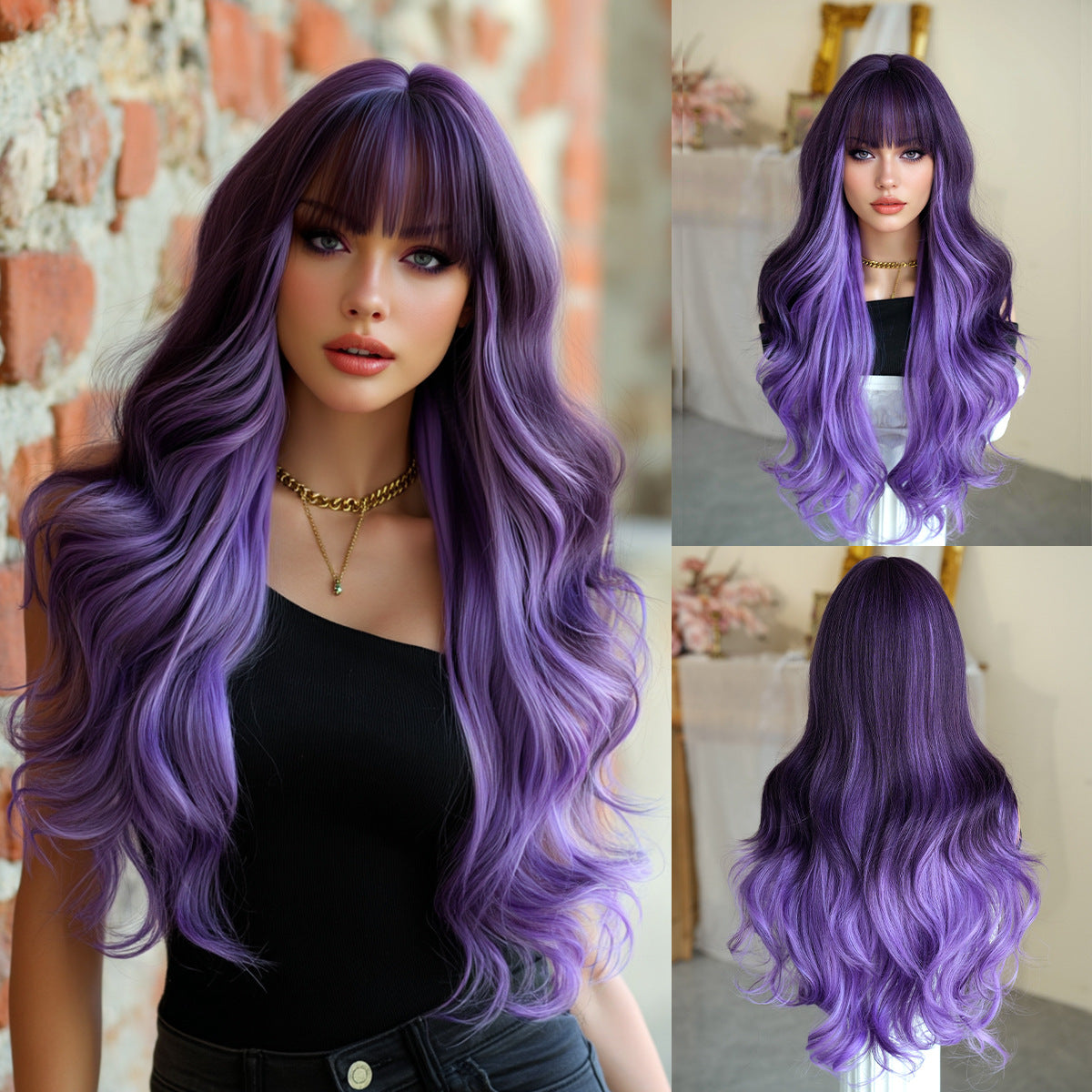 Gradient Color Wavy Synthetic Wig with Bangs