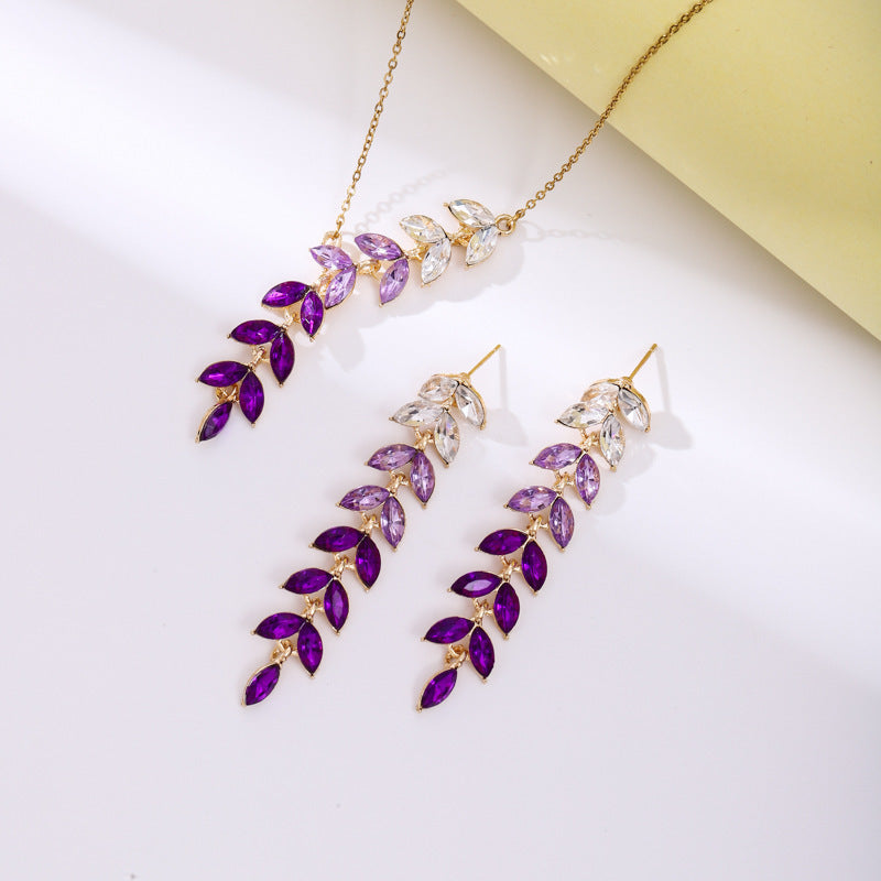 Gradient Diamond Leaf Earrings and Necklace Set