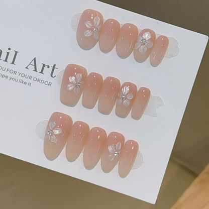 Gradient Nude Press On Nails with Floral Carving