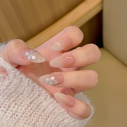 Gradient Nude Press On Nails with Floral Carving