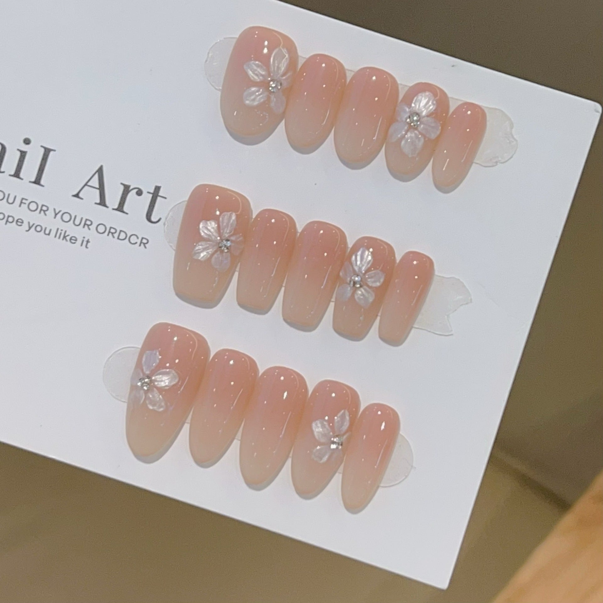 Gradient Nude Press On Nails with Floral Carving