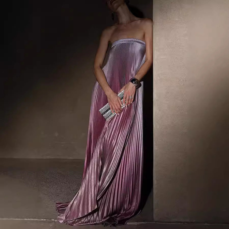 Gradient Pleated Tube Top Dress