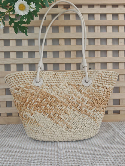 Gradient Woven Straw Tote Bag with Crossbody Strap