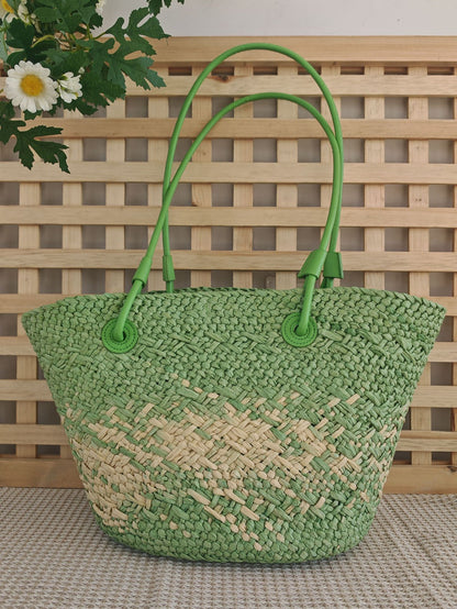 Gradient Woven Straw Tote Bag with Crossbody Strap