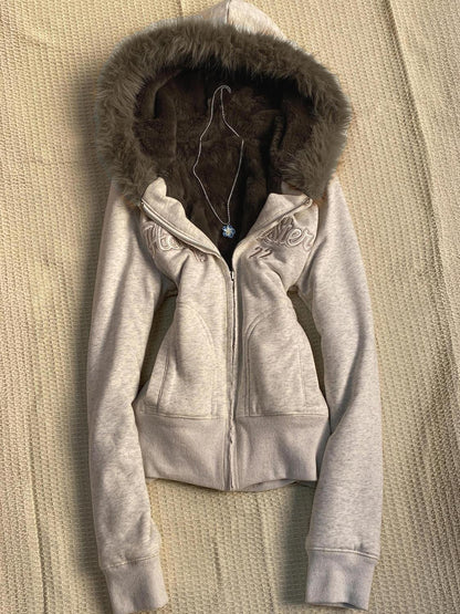 Gray Velvet Embroidered Letter Hooded Cardigan