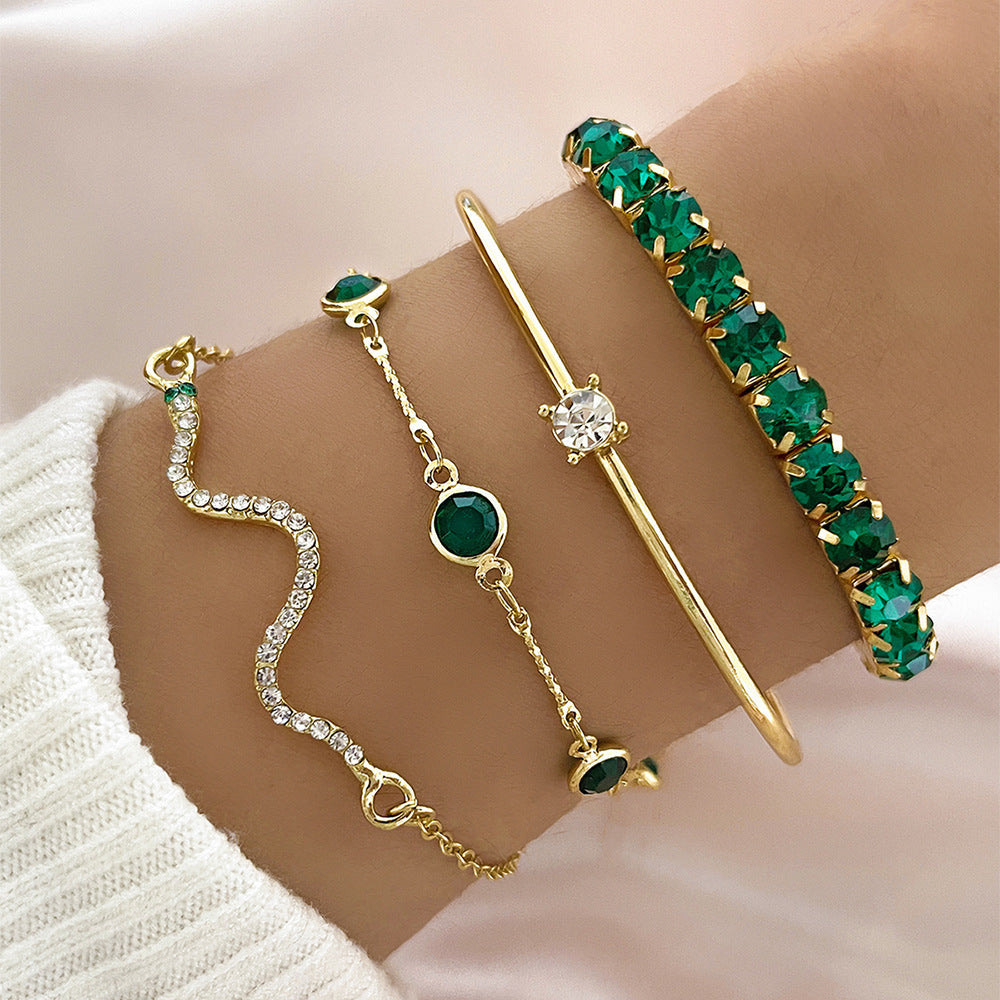 Green Emerald Diamond Elastic Bracelet Set for Women 4-Piece Snake Design Metal Bracelet