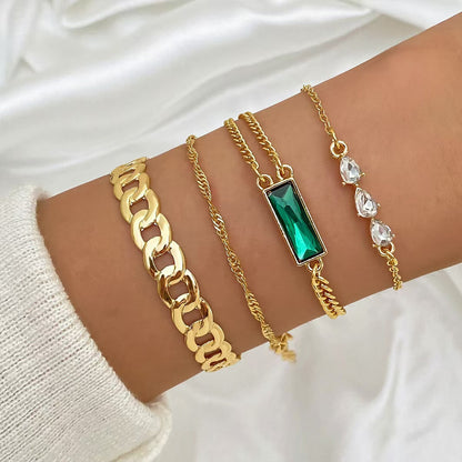 Green Emerald Diamond Elastic Bracelet Set for Women 4-Piece Snake Design Metal Bracelet
