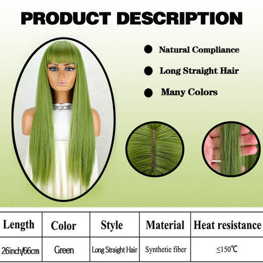 Green long straight hair with a long side parting at the forehead
