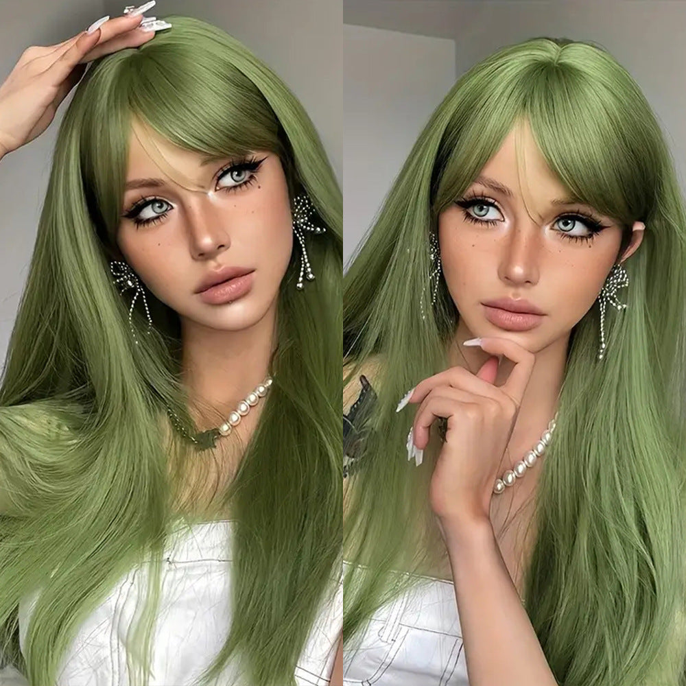 Green long straight hair with a long side parting at the forehead